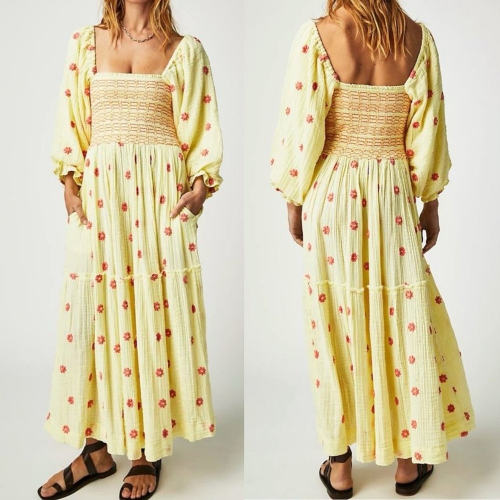 Free People Dahlia Embroidered Floral Maxi Dress Smocked Tiered Boho Bohemian